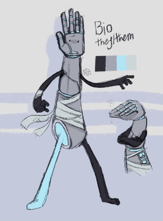 Bio, a friendly yet stern sword wielding member of the group of three (between Doodle, Stampy, and themself). They are dedicated to solving the confusing situation the group was brought into.